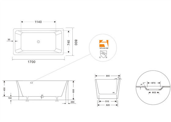 1 Person Square Freestanding Bathtub With Central Drain 1700 * 800 * 600mm supplier